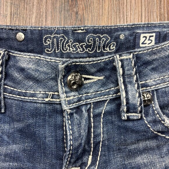 Miss Me Bermuda Jean Shorts Sequins Distressed Medium Wash Size 25 - Picture 3 of 11